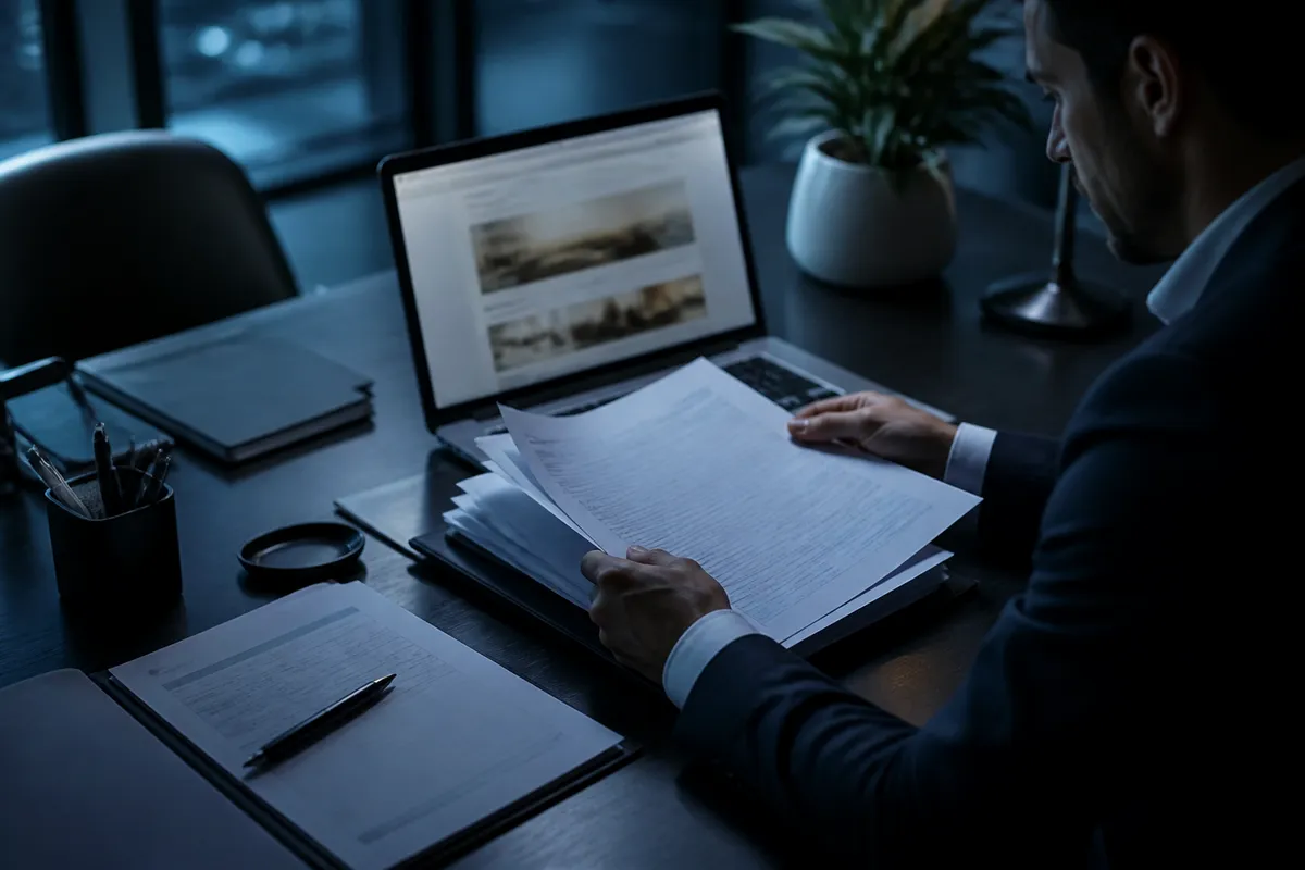A person examining citizenship application documents in a contemporary office, symbolizing the complexities of buying citizenship online.