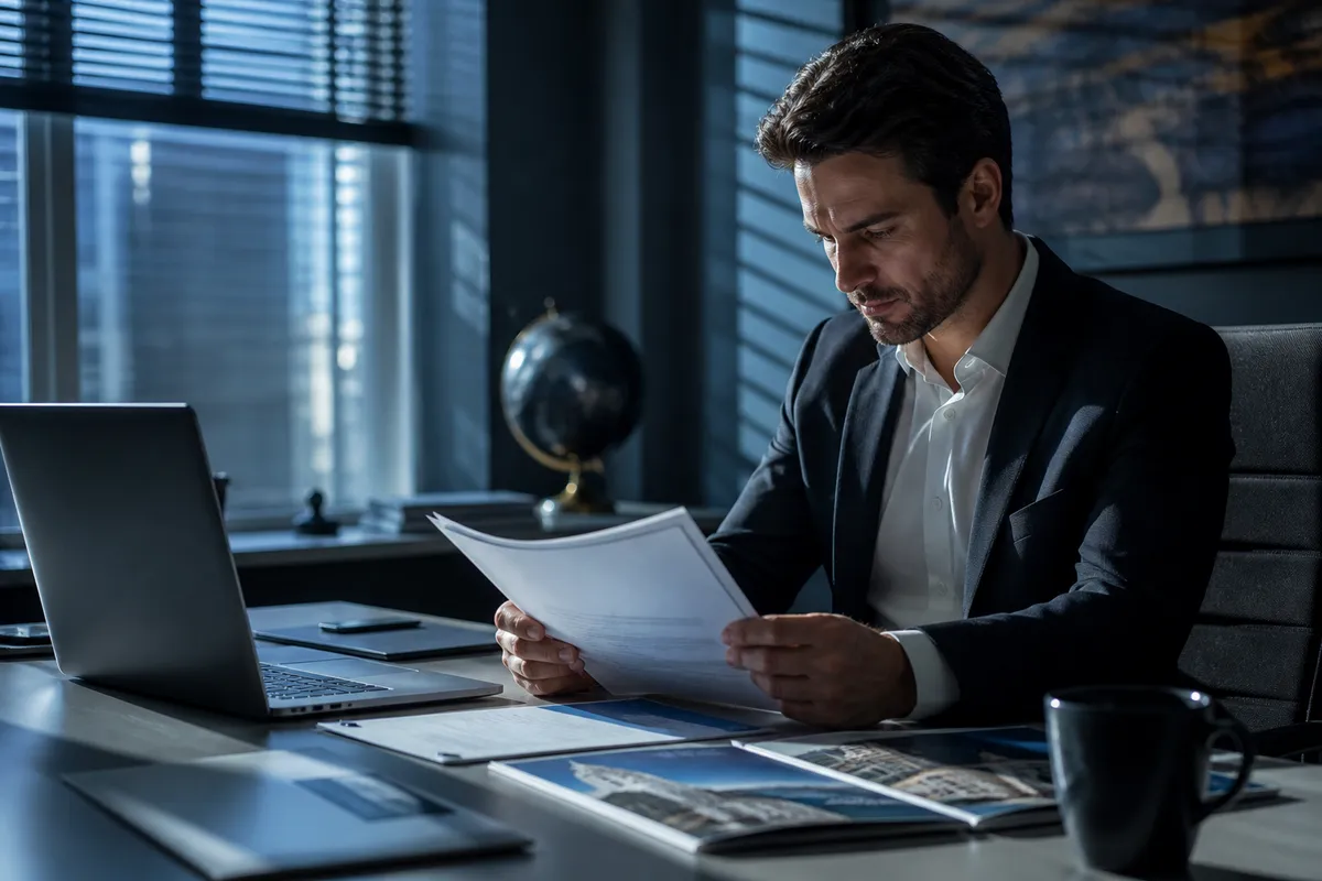 A person in an office reviewing citizenship by investment documents, emphasizing informed decision-making.