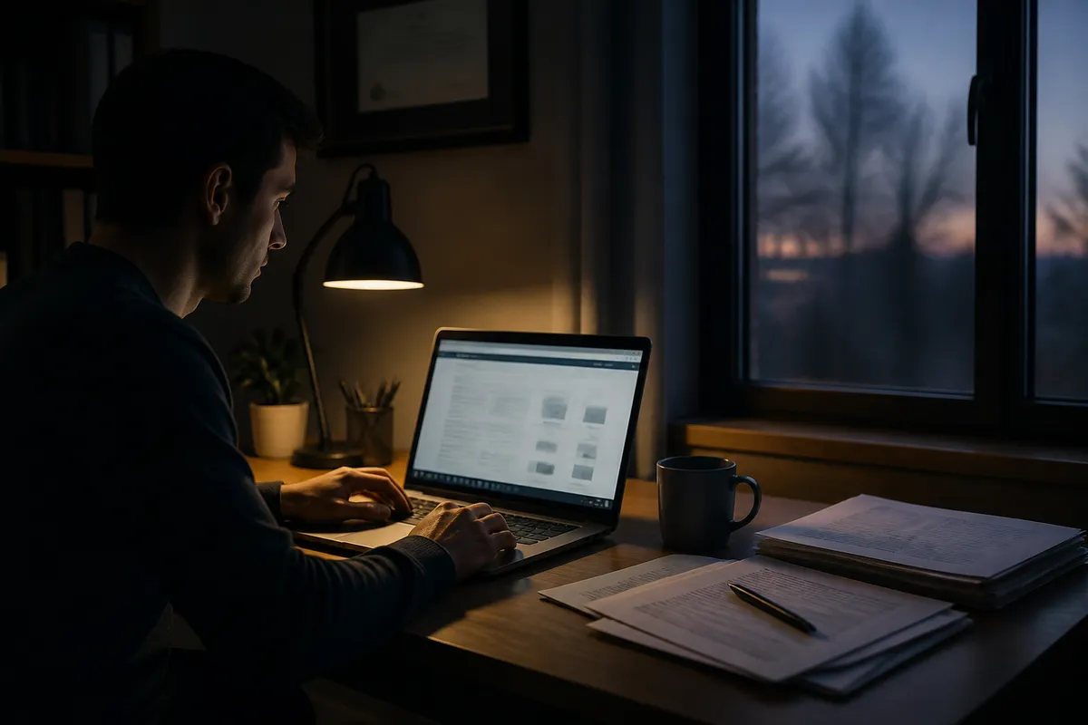 A person in a home office reviewing legal document templates on their laptop, surrounded by printed materials.