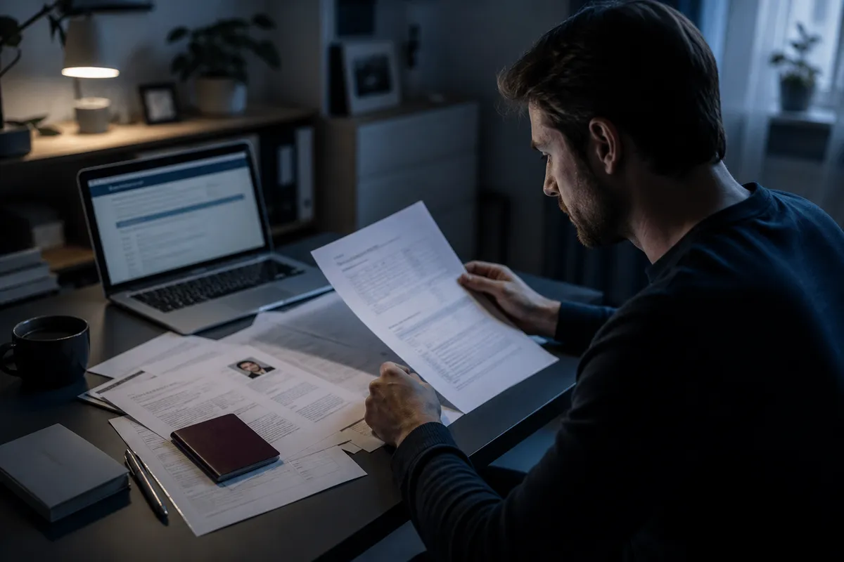 A person reviewing EU passport application documents in a cozy home office setting, highlighting the process of obtaining EU citizenship.