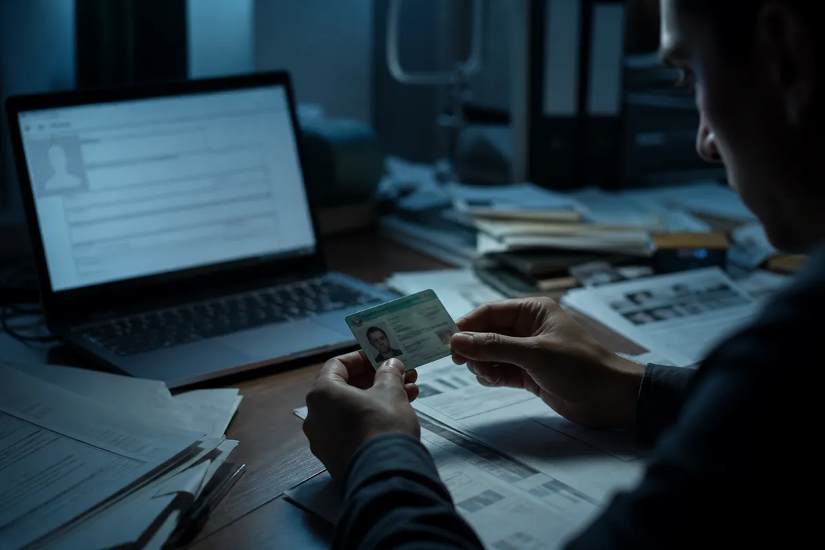 A person carefully inspecting a fake green card on a cluttered desk, surrounded by immigration documents.
