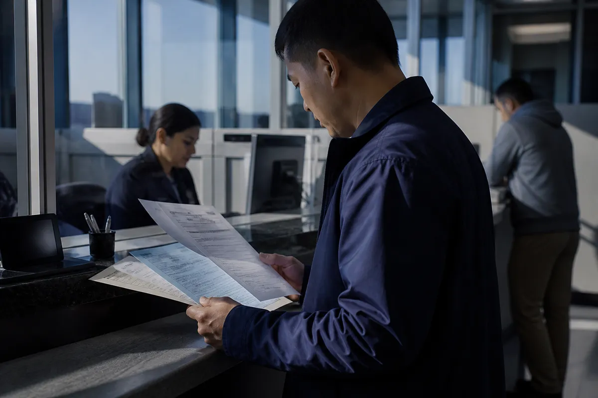 A person checking passport application forms at a passport acceptance facility, highlighting legal application procedures.