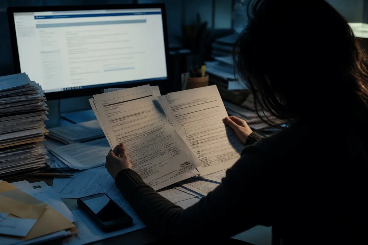 A person reviewing immigration documents in a dim office, highlighting the risks of buying a Green Card online.