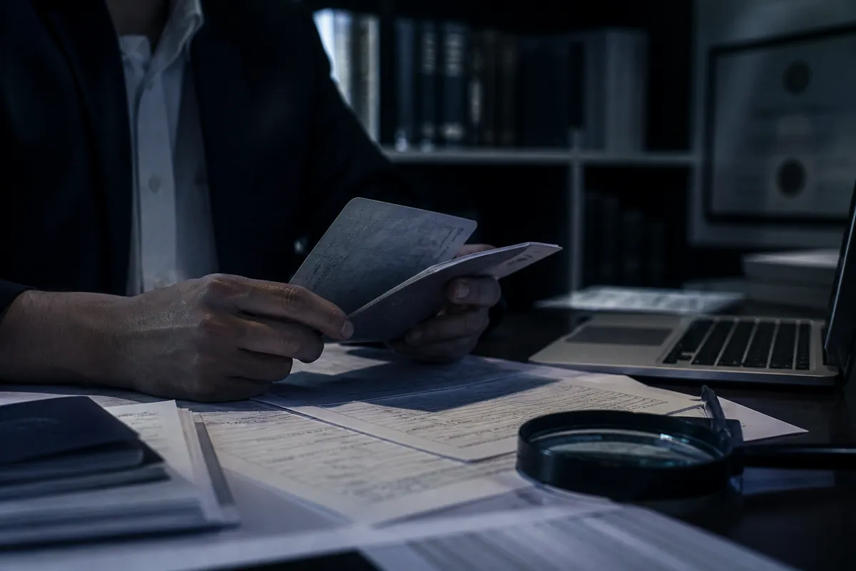 A person examining passport application documents, highlighting the risks of buying passports online.