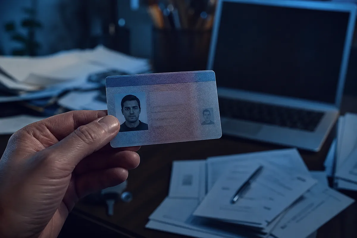 A hand examines a genuine driver's license amidst scattered papers, reflecting the risks of illegal purchases.