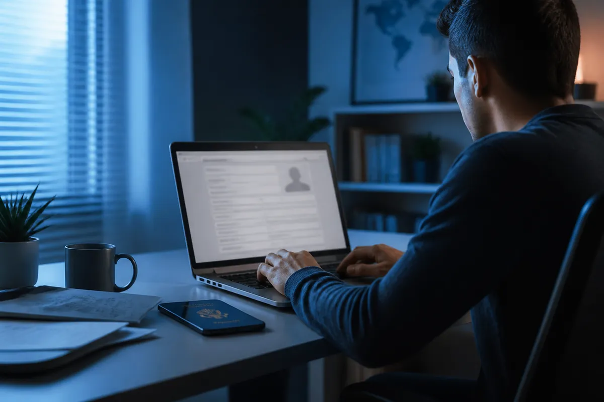 A focused individual submitting their Schengen visa application at a home office desk.