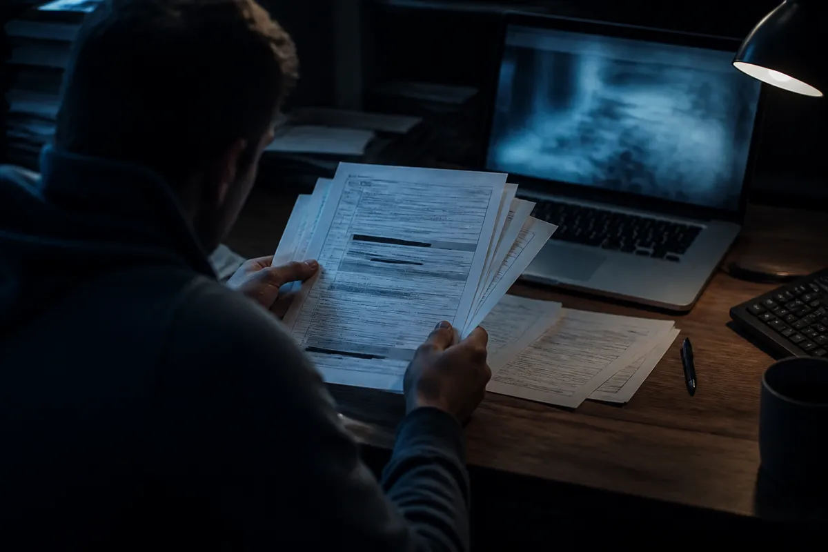 A person reviewing documents related to Social Security numbers in a dim office, highlighting identity theft risks.