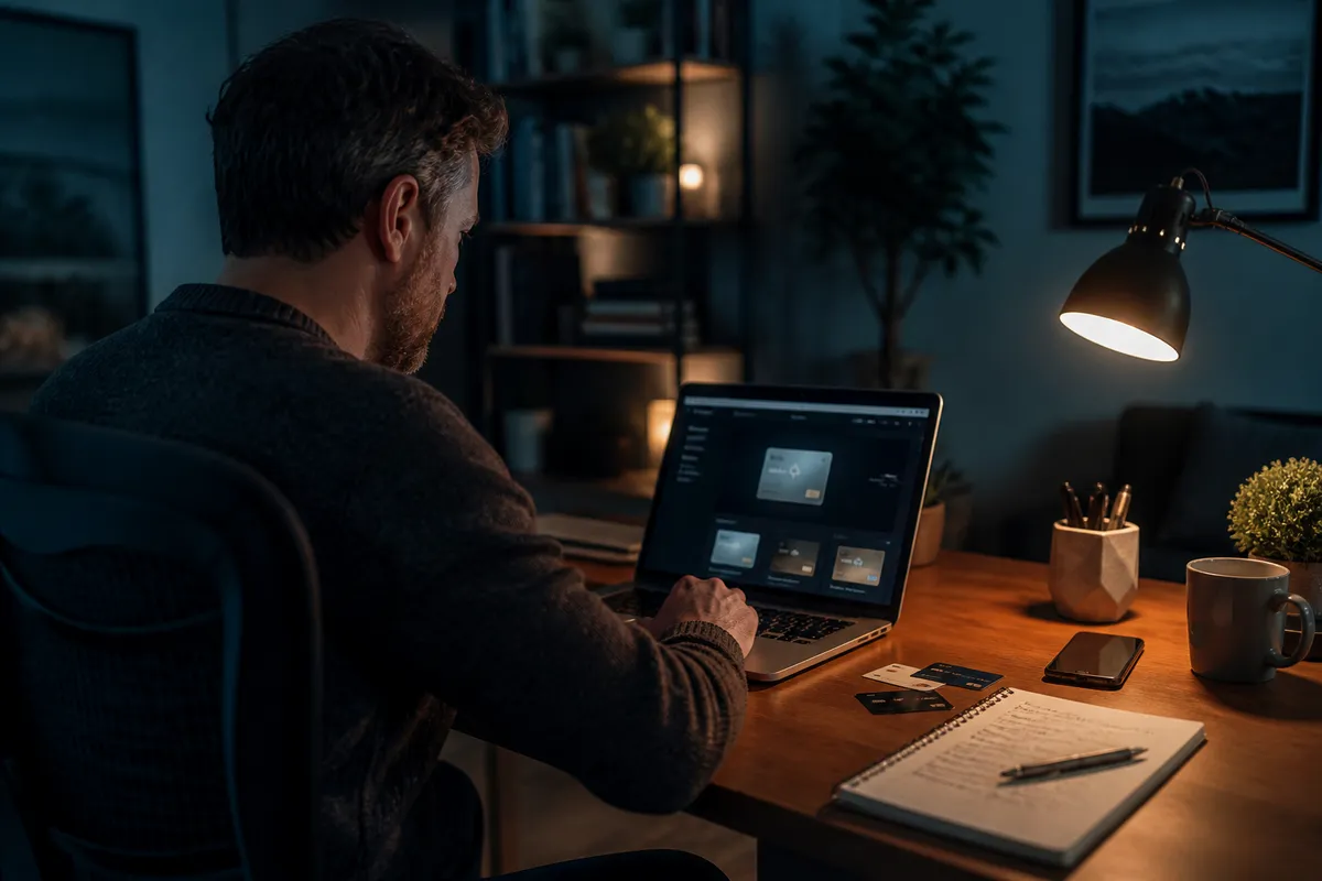 A person engaged in purchasing a Visa gift card online in a modern home office setting.