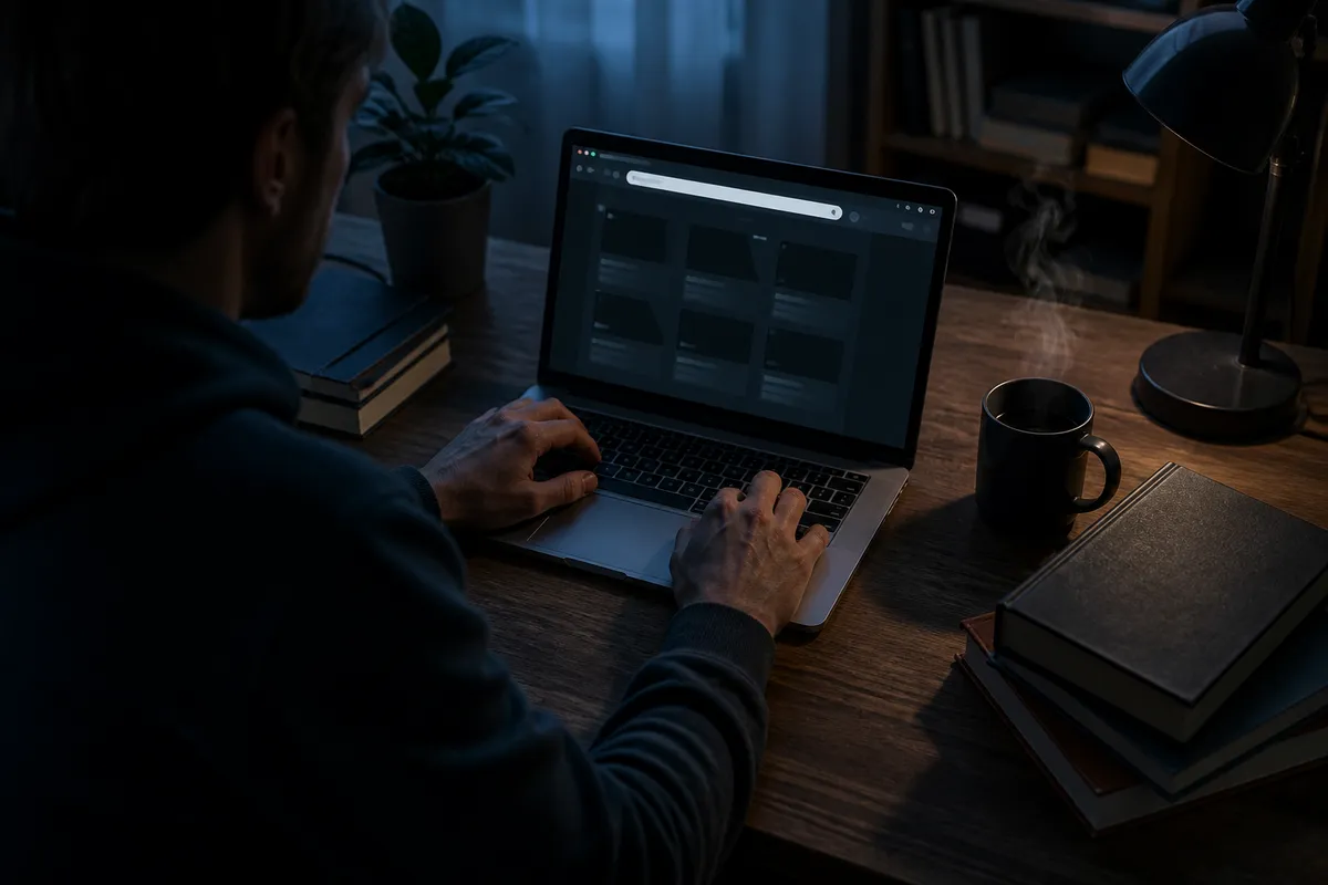 A person exploring a dark web directory on a laptop in a cozy, dim room, surrounded by privacy literature.