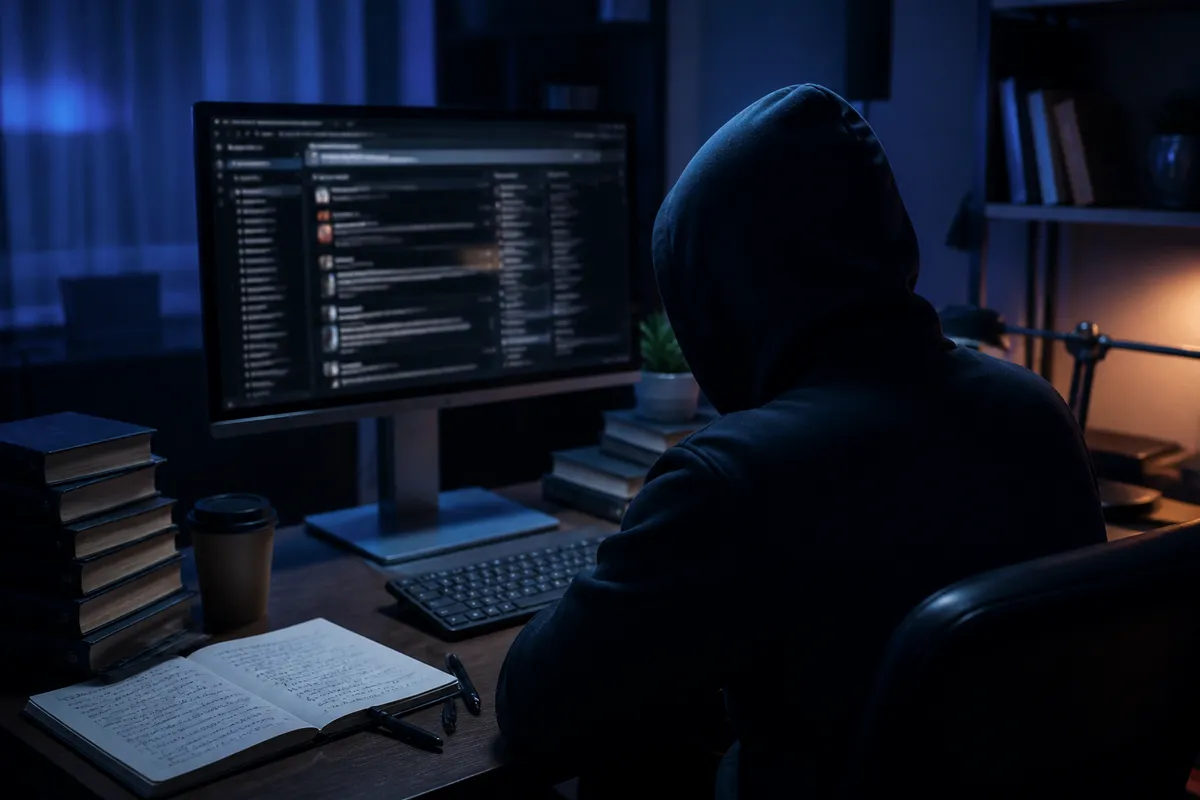 A person in a home office analyzing dark web hacking forums, surrounded by cybersecurity materials.