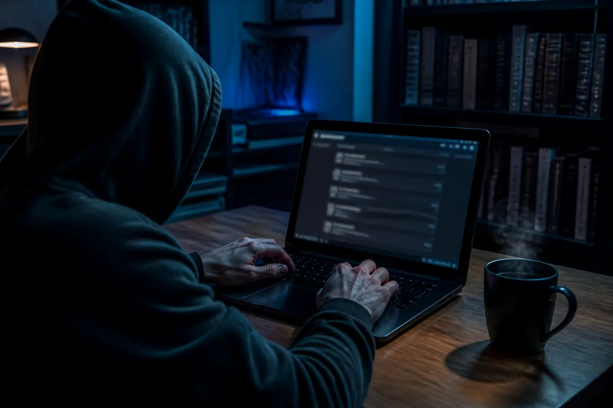 A person focused on browsing dark web resources on a laptop in a cozy, dimly lit room.