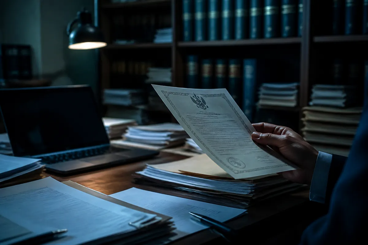 A person examining a birth certificate at a desk, highlighting the risks of purchasing fake documents.
