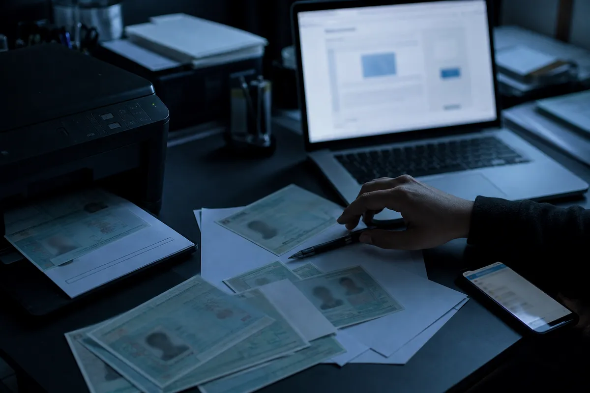 A cluttered office desk with fake green card documents and a laptop in a moody light, illustrating the article's theme.