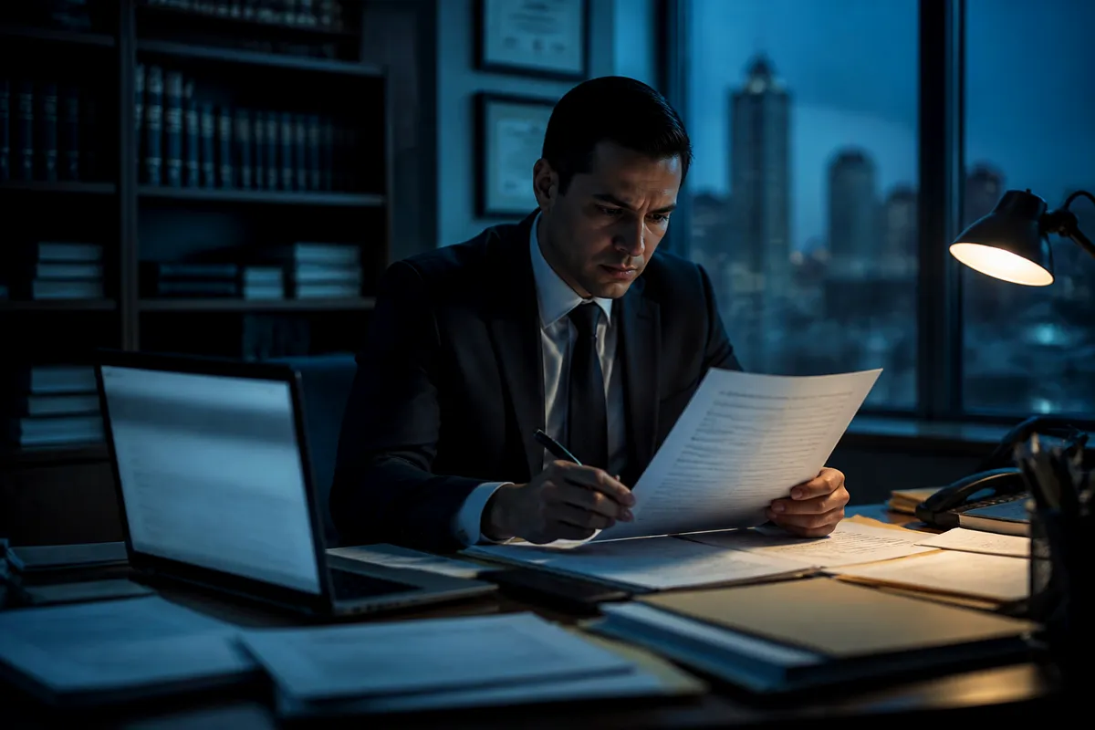 A person in a lawyer's office examining a Green Card application, highlighting legal concerns around immigration.