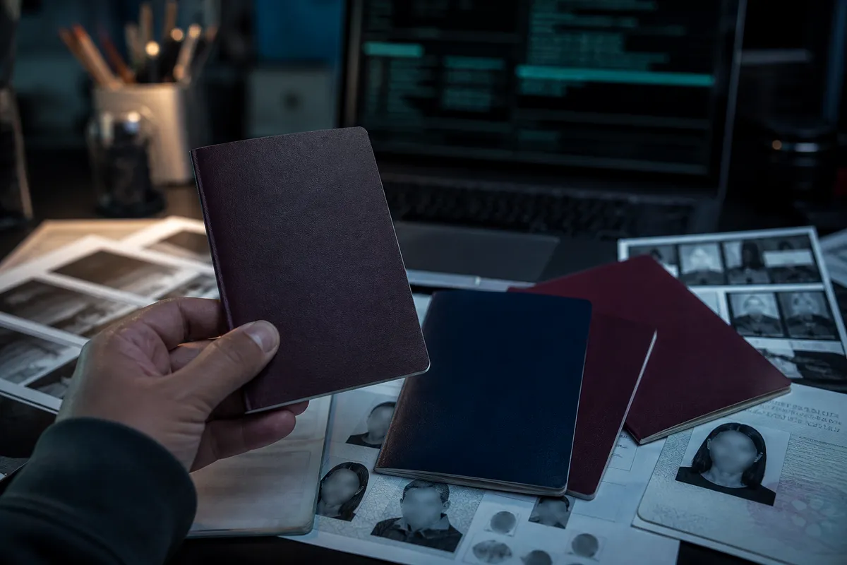 A hand inspecting counterfeit passports on a desk, highlighting the risks of dark web passport fraud.