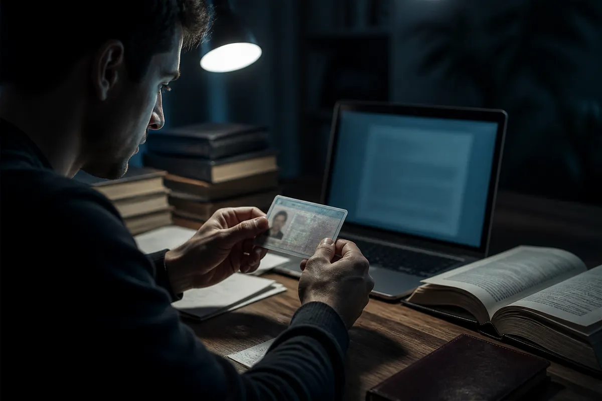 A person analyzing a fake residence permit while surrounded by legal books and a laptop, reflecting on legal implications.