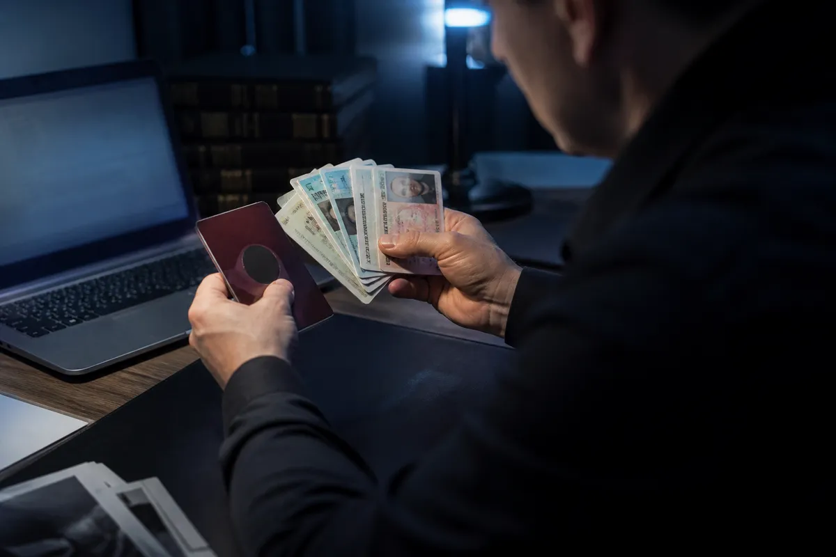 A person carefully examining a stack of international ID cards in a low-lit office, highlighting the importance of document verification.