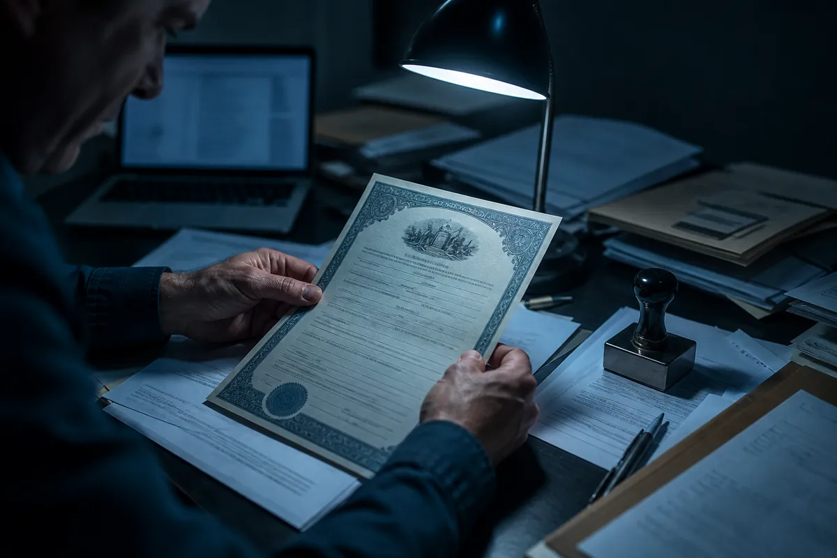 A person studying a birth certificate in a dim office, highlighting the topic of birth certificate legality.