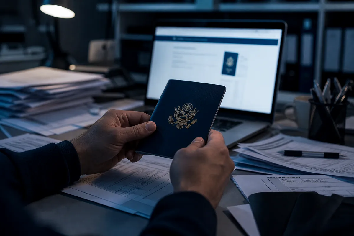 A person examining a U.S. passport among various documents, highlighting the risks of online passport purchases.