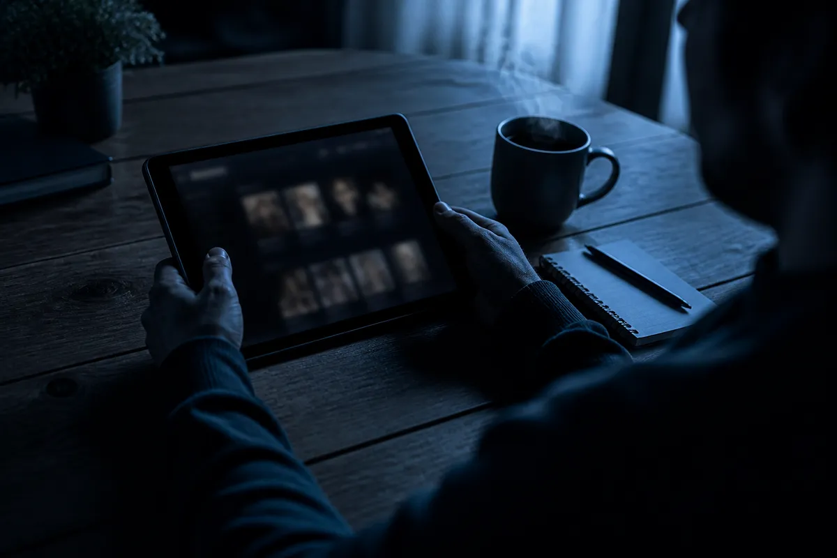 A person exploring a dark web resource on a tablet in a cozy, dimly lit room.