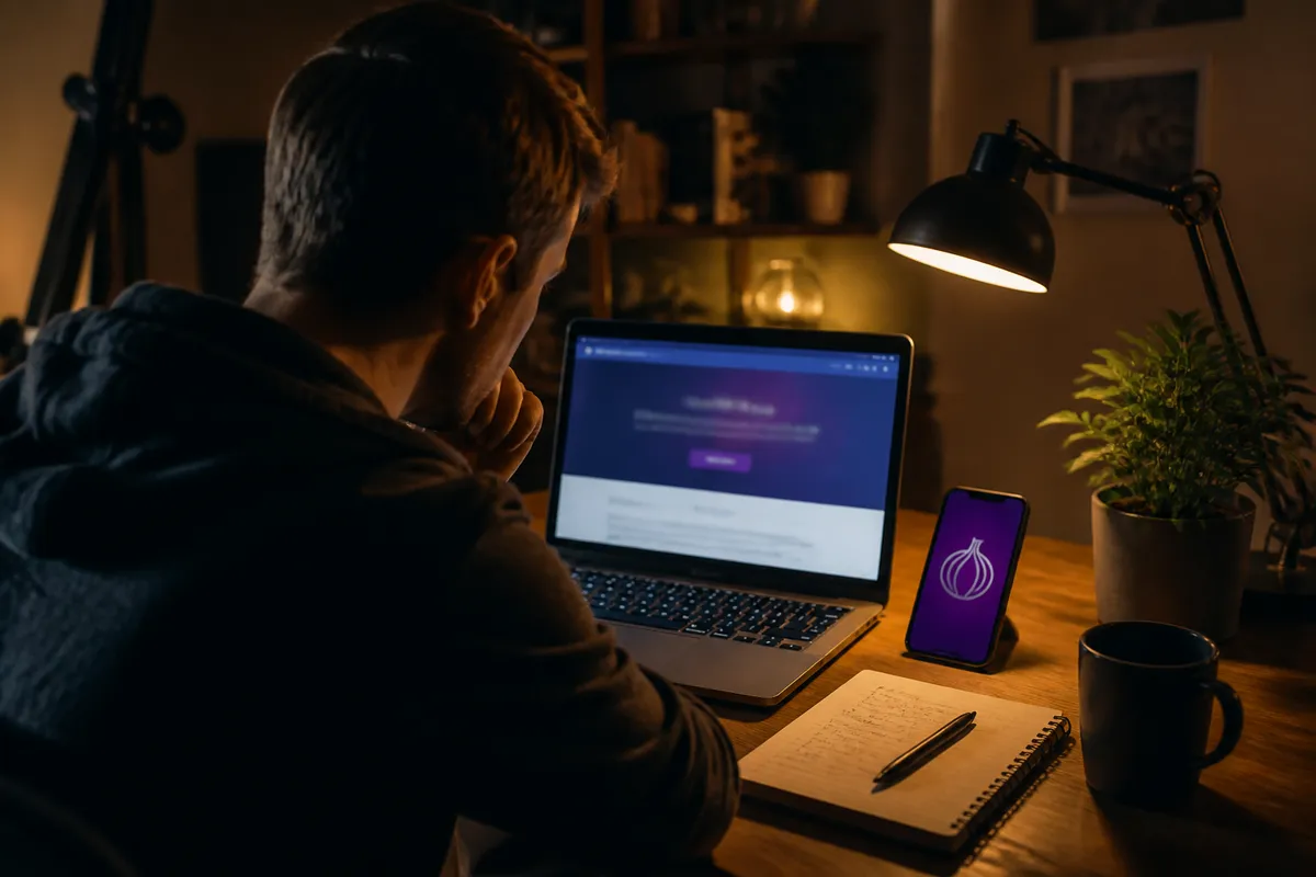 A person downloading Tor Browser in a cozy home office, emphasizing safe browsing practices.