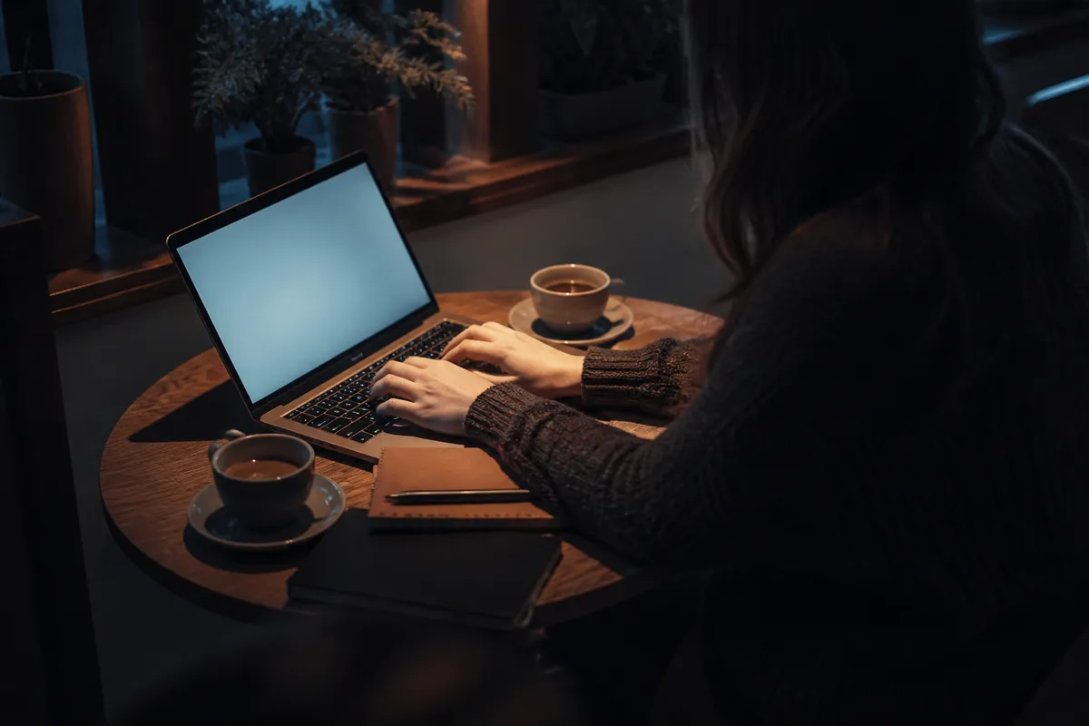 A person in a cafe using a laptop to explore dark web resources safely and privately.