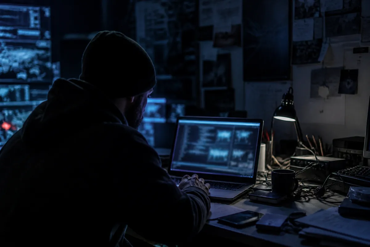 A focused individual examining dark web hacking tools on a laptop amidst a cluttered desk, reflecting the article's theme.