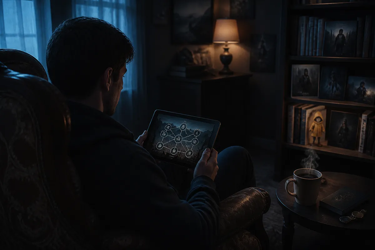 A person in a cozy living room exploring Netflix's Dark interactive guide on a tablet.