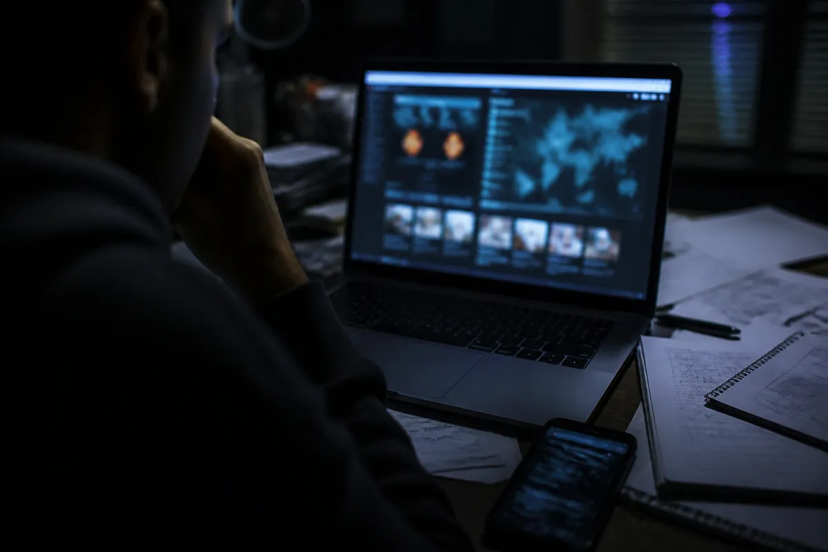 A person researching a dark web marketplace on a laptop in a dimly lit room, highlighting the risks of the dark web.